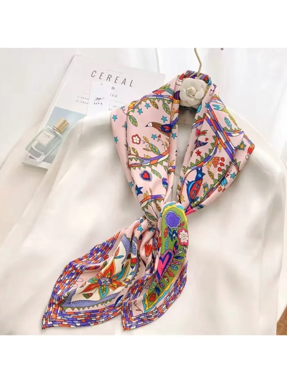 New Square Scarf Silk Satin Printed Pink Tree Birds Heart Whimsical Novelty